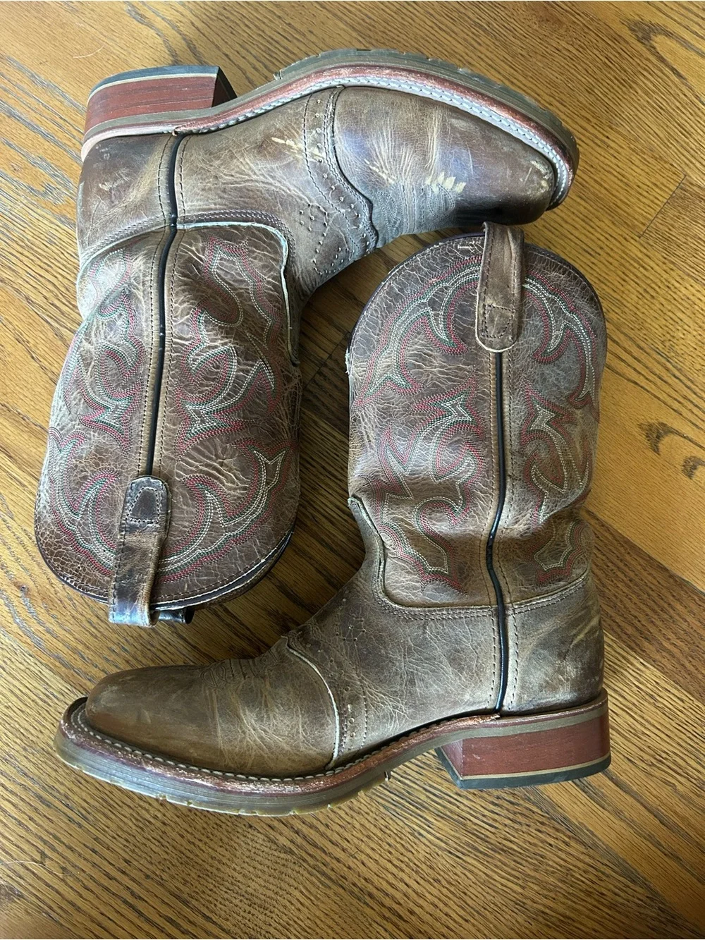 Double H Men's Distressed Brown Leather Western Boots with Red Stitching Accents